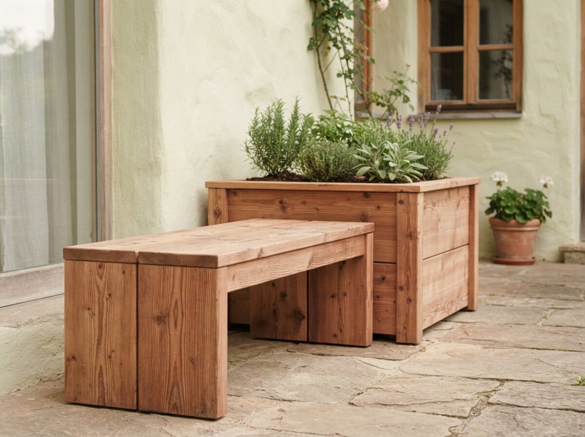 Bank und Hochbeet aus unbehandelter Lärche auf einer Terrasse